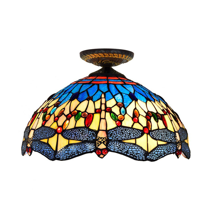 1 Head Porch Ceiling Mounted Fixture Tiffany White/Red Flush Mount Lamp with Dragonfly Stained Glass Shade