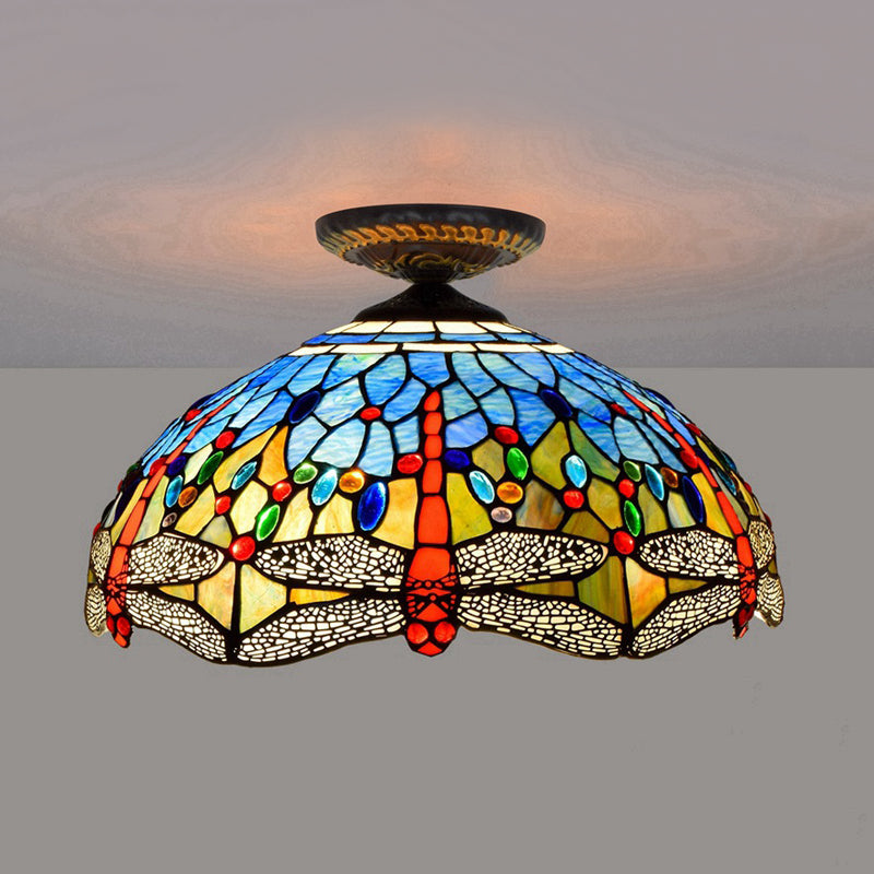 1 Head Porch Ceiling Mounted Fixture Tiffany White/Red Flush Mount Lamp with Dragonfly Stained Glass Shade