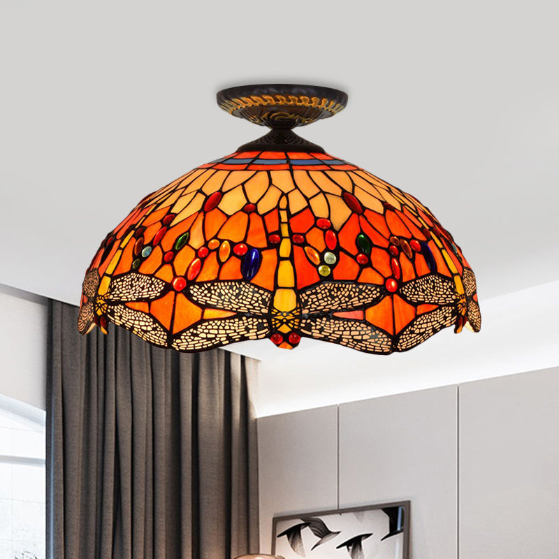 Dragonfly Cut Glass Lampada da soffitto Tiffany-Style 1 Testa Ottone Flush Mount Lampada da soffitto, 16 "/18" Larghezza