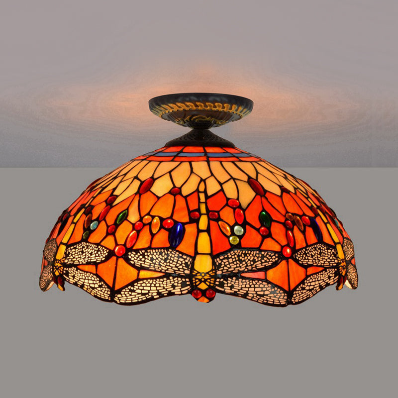 Dragonfly Cut Glass Ceiling Lamp Tiffany-Style 1 Head Brass Flush Mount Light Fixture, 16"/18" Width