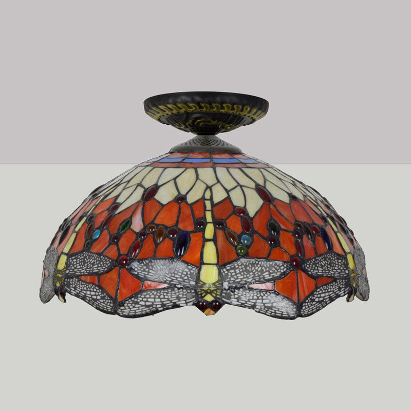 Dragonfly Cut Glass Ceiling Lamp Tiffany-Style 1 Head Brass Flush Mount Light Fixture, 16 "/18" Largeur