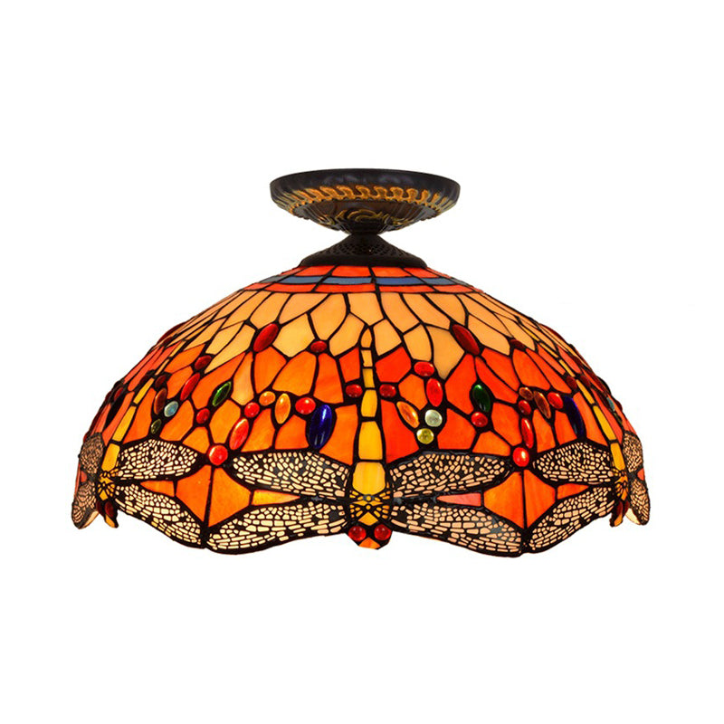 Dragonfly Cut Glass Ceiling Lamp Tiffany-Style 1 Head Brass Flush Mount Light Fixture, 16"/18" Width