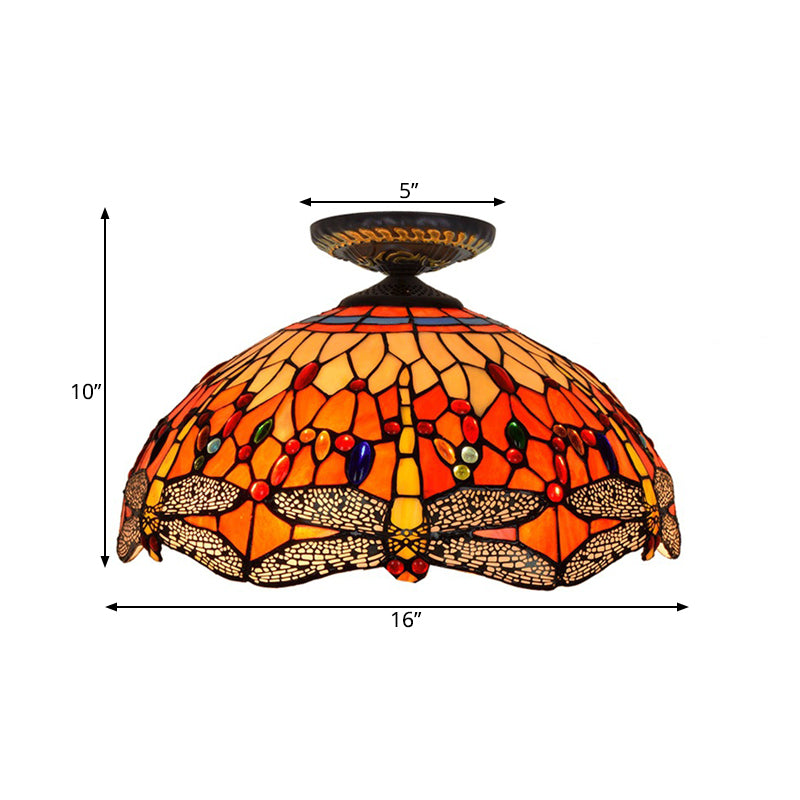 Dragonfly Cut Glass Ceiling Lamp Tiffany-Style 1 Head Brass Flush Mount Light Fixture, 16 "/18" Largeur