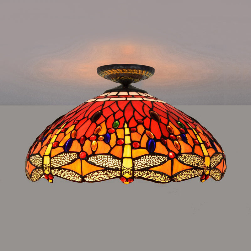 Dragonfly geslepen glazen plafondlamp Tiffany-stijl 1 kop messing inbouwlamp, 16"/18" breedte