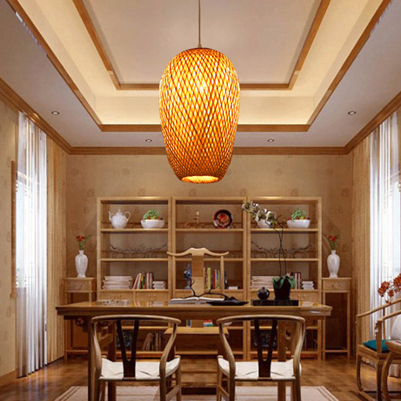 10 "/14.5" H Bamboo Sospensione oblunga Ciondolo 1 Luce Asia Assiccato Luce a soffitto in Beige