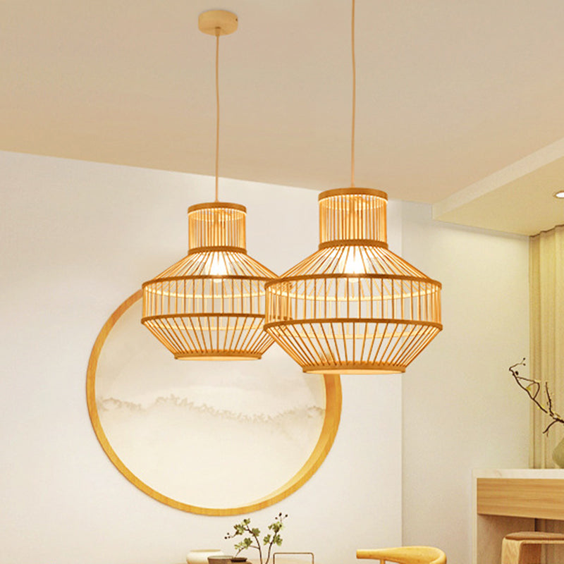 1 Light Dining Room Drop Pendant Modern Beige Ceiling Lamp with Round Bamboo Shade