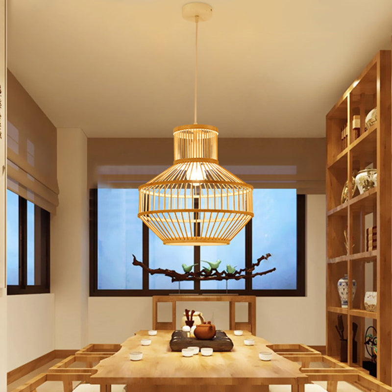 1 Light Dining Room Drop Pendant Modern Beige Ceiling Lamp with Round Bamboo Shade