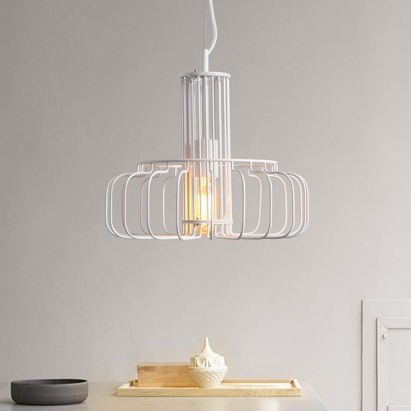 White Cage Ceiling Hanging Lantern Loft Style Metal 1 Head Dining Room Suspension Light