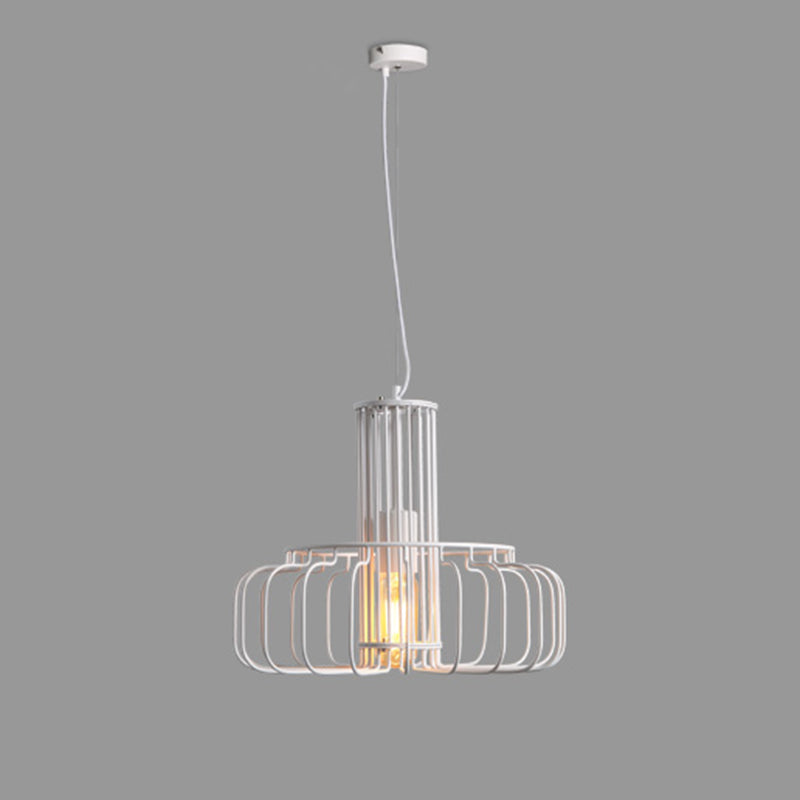 White Cage Ceiling Hanging Lantern Loft Style Metal 1 Head Dining Room Suspension Light