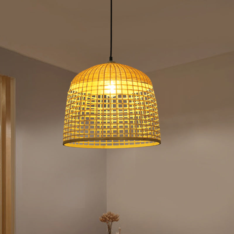 16"/19.5" Wide Beige Domed Shaped Pendant Ceiling Light Asia Style 1 Light Bamboo Hanging Lamp Kit