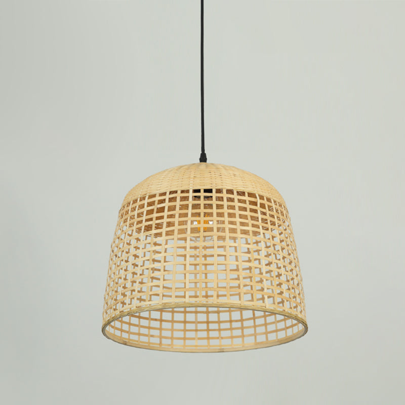 16"/19.5" Wide Beige Domed Shaped Pendant Ceiling Light Asia Style 1 Light Bamboo Hanging Lamp Kit