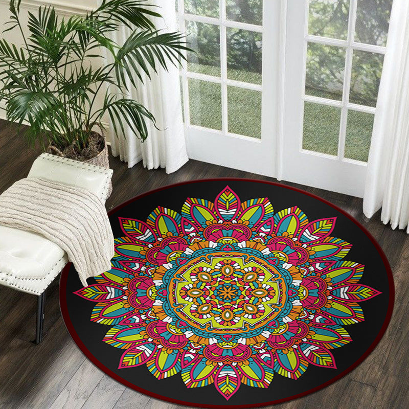 Black Tone Octagonal Flower Rug Polyester Moroccan Carpet Anti-Slip Backing Indoor Rug for Living Room