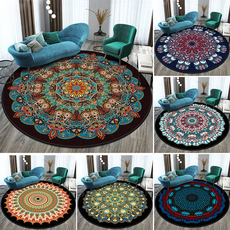 Black Tone Octagonal Flower Rug Polyester Distressed Carpet Anti-Slip Backing Indoor Rug for Living Room