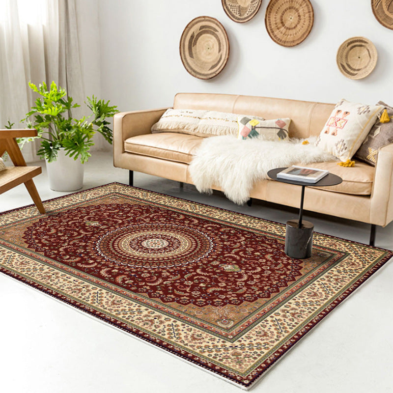 Red Moroccan Concentric Circles Rug Polyester Distressed Carpet Non-Slip Backing Indoor Rug for Living Room