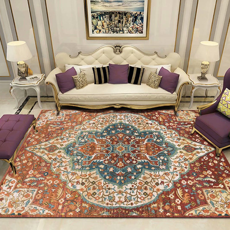 Red Tone Traditional Area Carpet Polyester Moroccan Print Indoor Rug Easy Care Carpet for Living Room