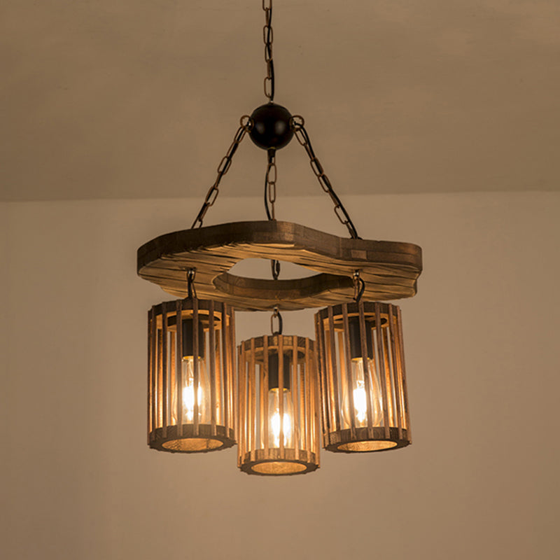 Retro Industrial Style Cylinder Chandelier Wood Pendant Ceiling Lights for Restaurant