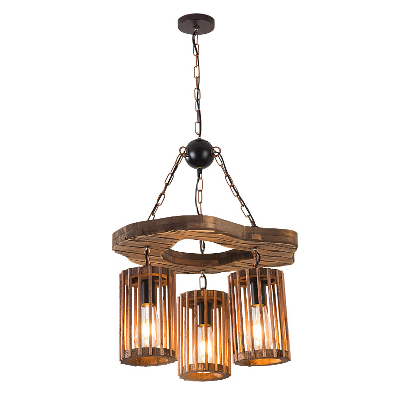 Retro Industrial Style Cylinder Chandelier Wood Pendant Ceiling Lights for Restaurant