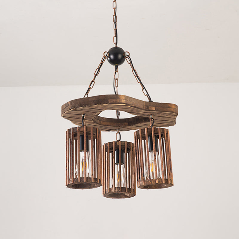 Retro Industrial Style Cylinder Chandelier Wood Pendant Ceiling Lights for Restaurant