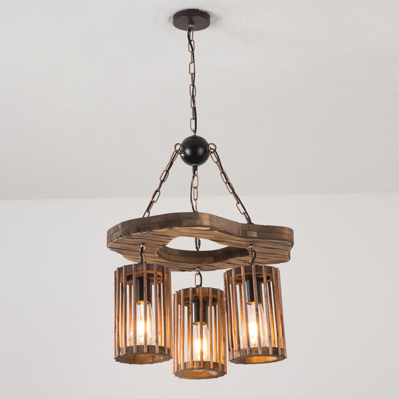 Retro Industrial Style Cylinder Chandelier Wood Pendant Ceiling Lights for Restaurant