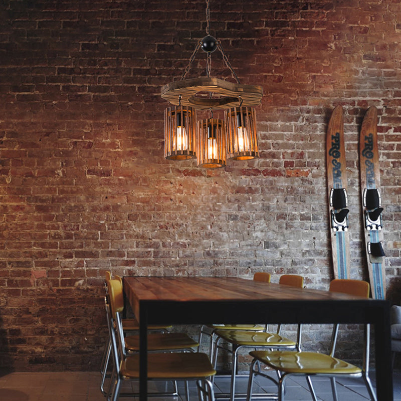 Retro Industrial Style Cylinder Chandelier Wood Pendant Ceiling Lights for Restaurant