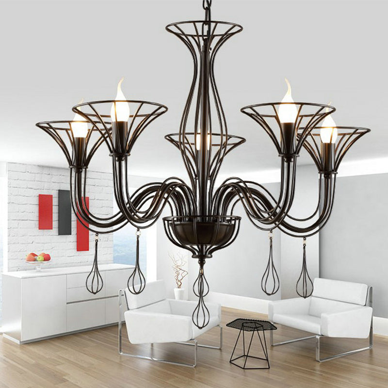 Shaded Metal Hanging Chandelier Vintage-Style Living Room Chandelier Light Fixture in Black