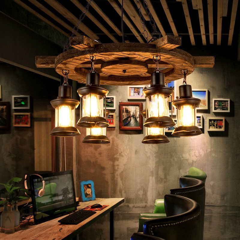 Retro Industrial Style Cylinder Chandelier Wood Pendant Ceiling Lights for Restaurant