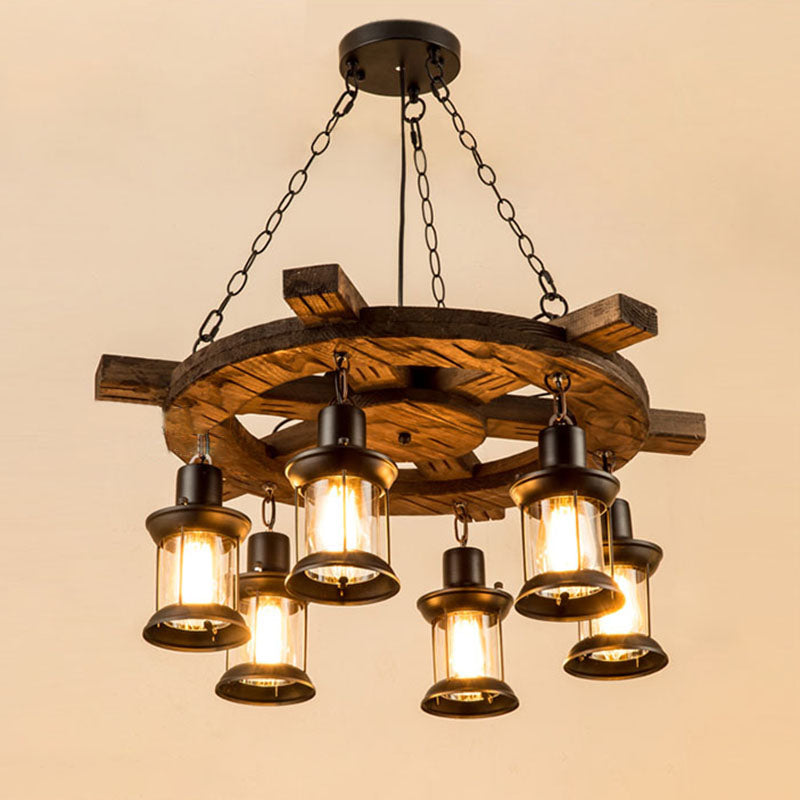 Retro Industrial Style Cylinder Chandelier Wood Pendant Ceiling Lights for Restaurant