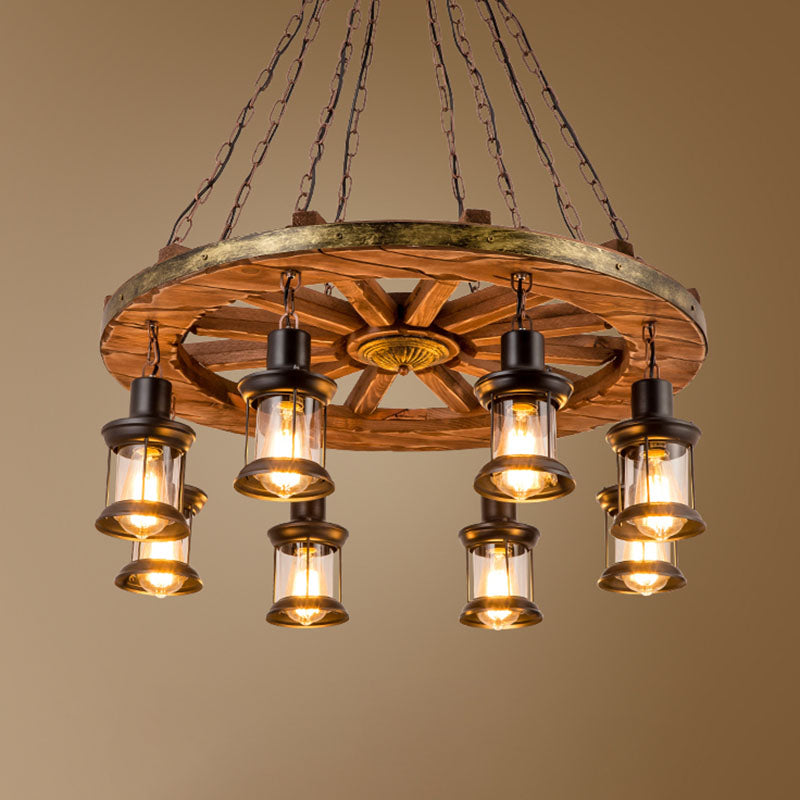 Retro Industrial Style Cylinder Chandelier Wood Pendant Ceiling Lights for Restaurant