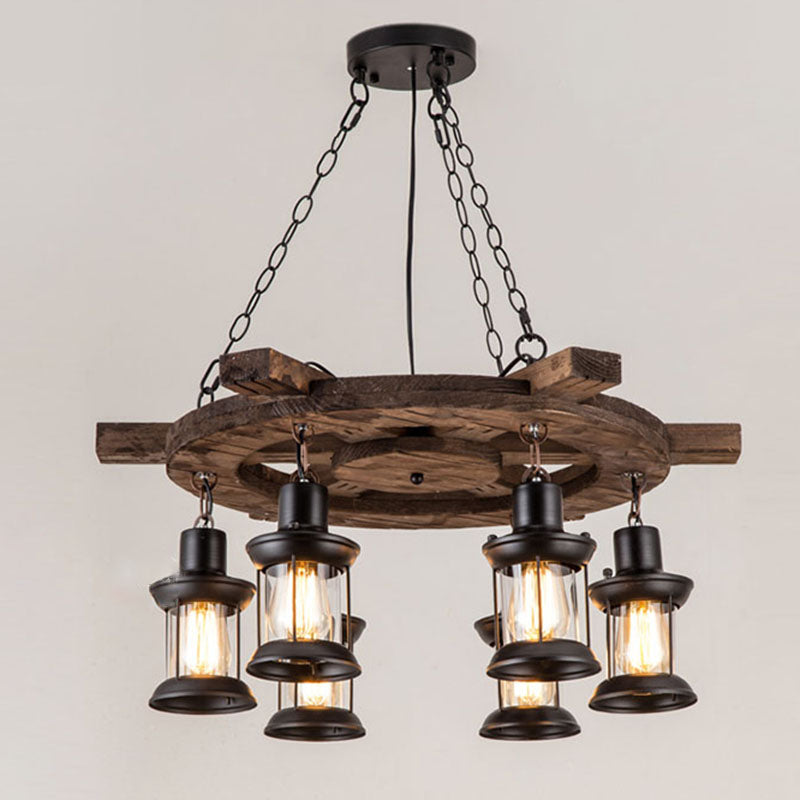 Retro Industrial Style Cylinder Chandelier Wood Pendant Ceiling Lights for Restaurant