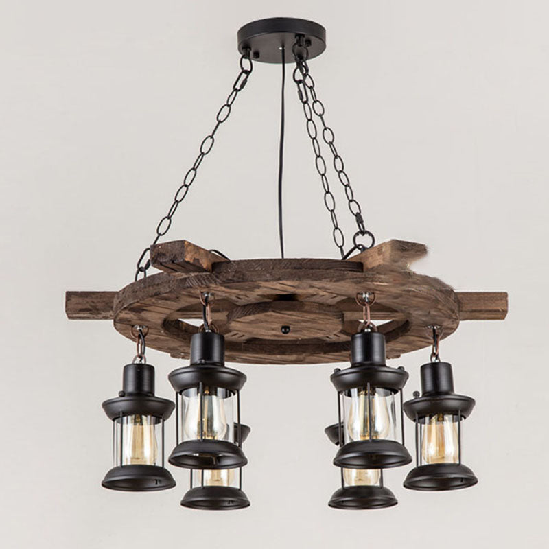 Retro Industrial Style Cylinder Chandelier Wood Pendant Ceiling Lights for Restaurant