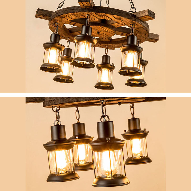 Retro Industrial Style Cylinder Chandelier Wood Pendant Ceiling Lights for Restaurant