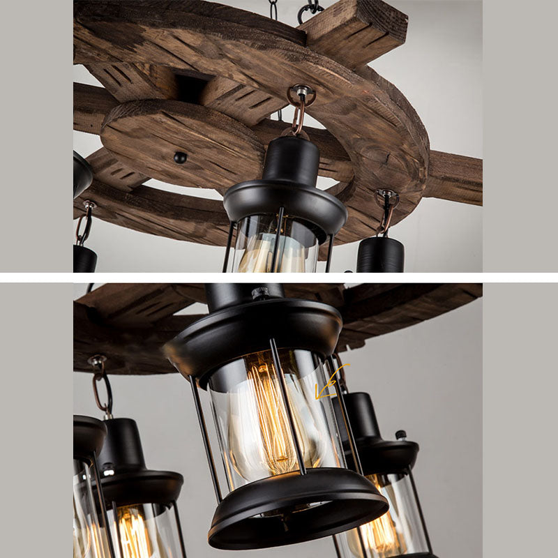 Retro Industrial Style Cylinder Chandelier Wood Pendant Ceiling Lights for Restaurant