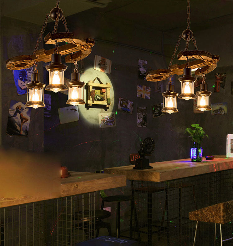 Retro Industrial Style Cylinder Chandelier Wood Pendant Ceiling Lights for Restaurant