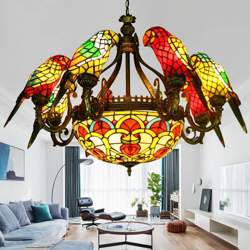 Tiffany Luxury Sputnik Pendant Light Wrought Iron Indoor Hanging Lamp with Colorful Glass Shade