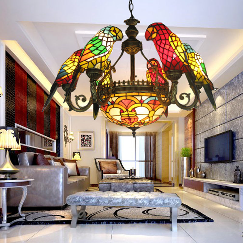 Tiffany Luxury Sputnik Pendant Light Wrought Iron Indoor Hanging Lamp with Colorful Glass Shade