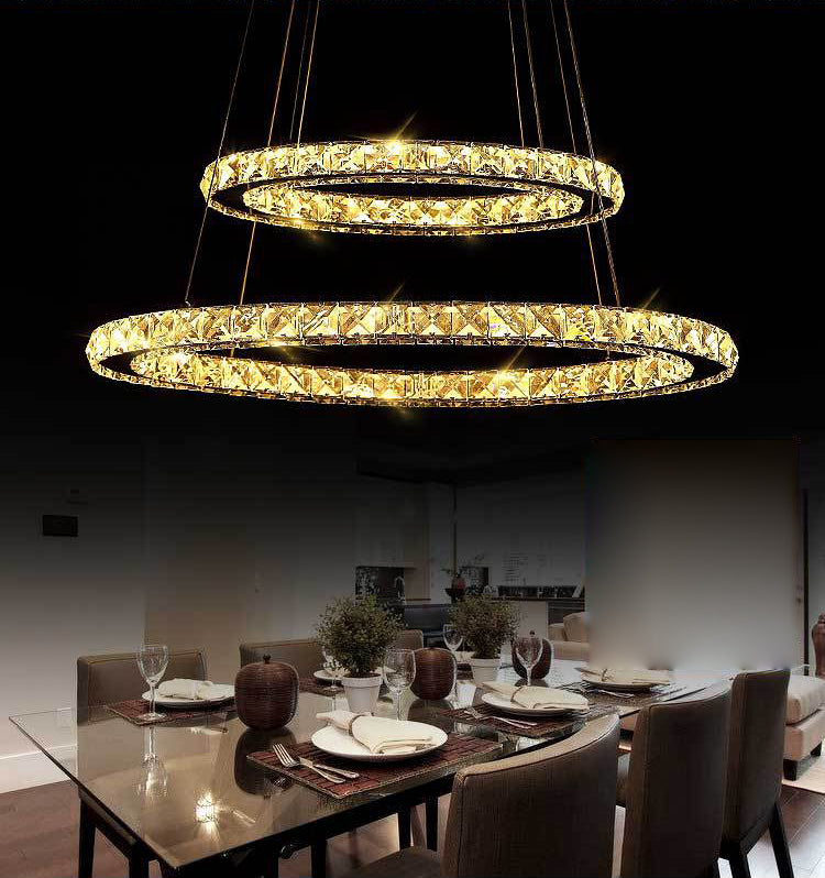 Stainless-Steel Silver LED Pendant Light in Modern Luxury Style Circular Ceiling Light with Crystal Shade