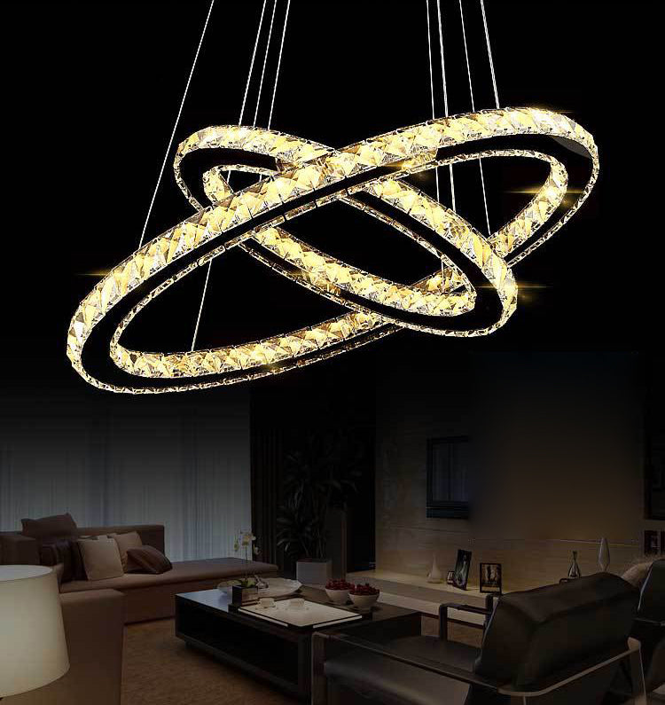 Stainless-Steel Silver LED Pendant Light in Modern Luxury Style Circular Ceiling Light with Crystal Shade