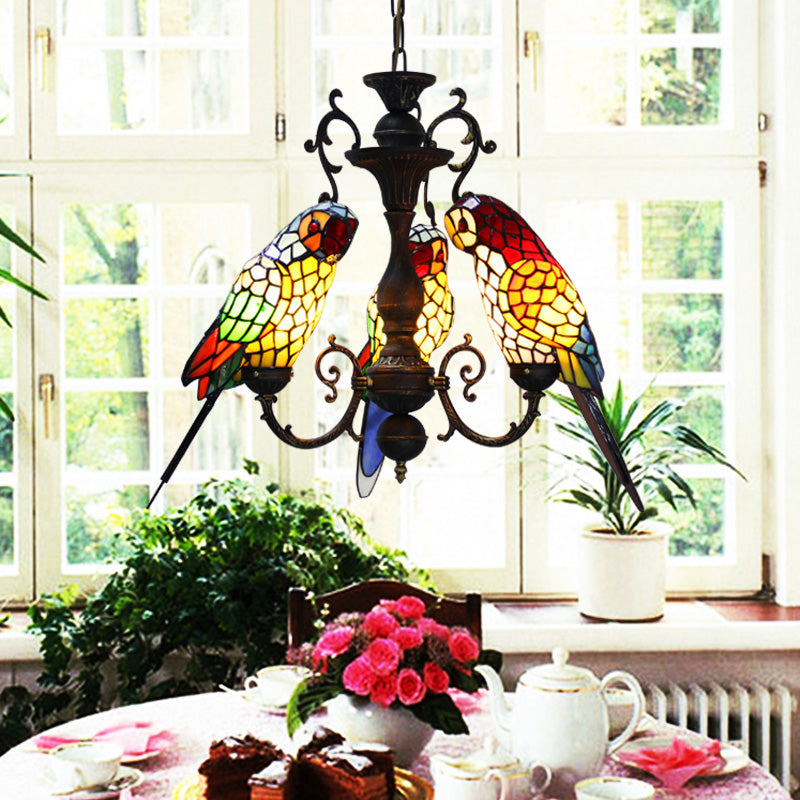 Wrought Iron Pendant Light in Tiffany Artistic Style Parrot Glass Ceiling Light for Corridor