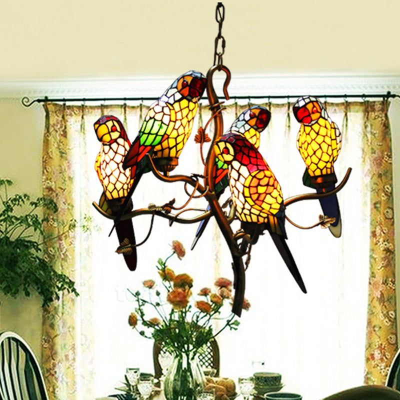 Wrought Iron Pendant Light in Tiffany Artistic Style Parrot Glass Ceiling Light for Corridor