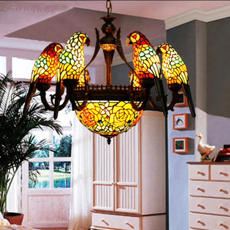 Wrought Iron Pendant Light in Tiffany Artistic Style Parrot Glass Ceiling Light for Corridor