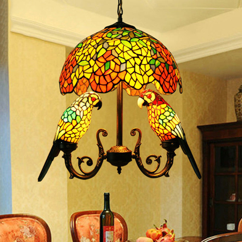 Wrought Iron Pendant Light in Tiffany Artistic Style Parrot Glass Ceiling Light for Corridor