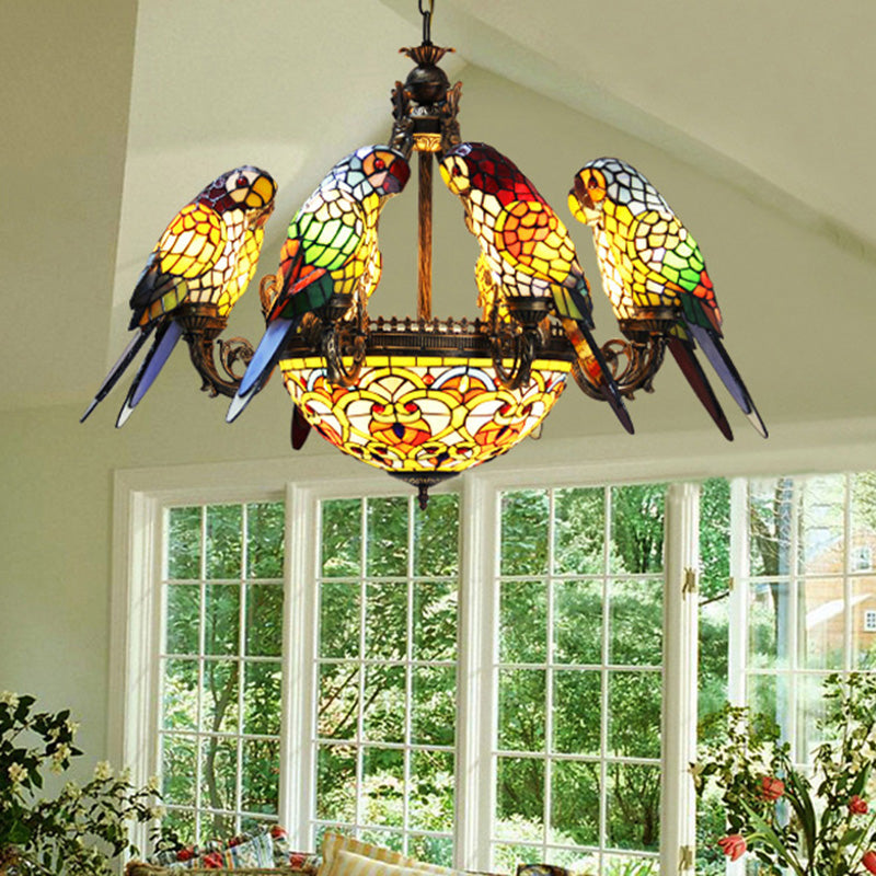 Wrought Iron Pendant Light in Tiffany Artistic Style Parrot Glass Ceiling Light for Corridor