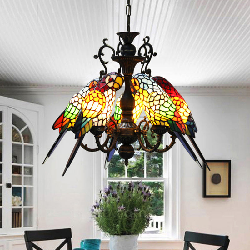 Wrought Iron Pendant Light in Tiffany Artistic Style Parrot Glass Ceiling Light for Corridor