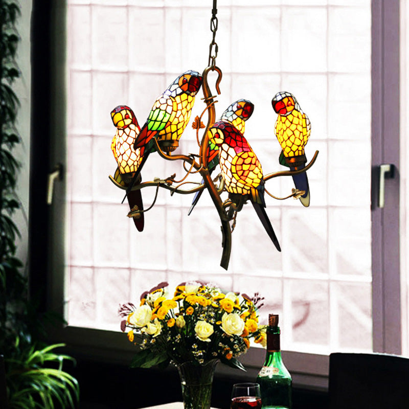 Wrought Iron Pendant Light in Tiffany Artistic Style Parrot Glass Ceiling Light for Corridor