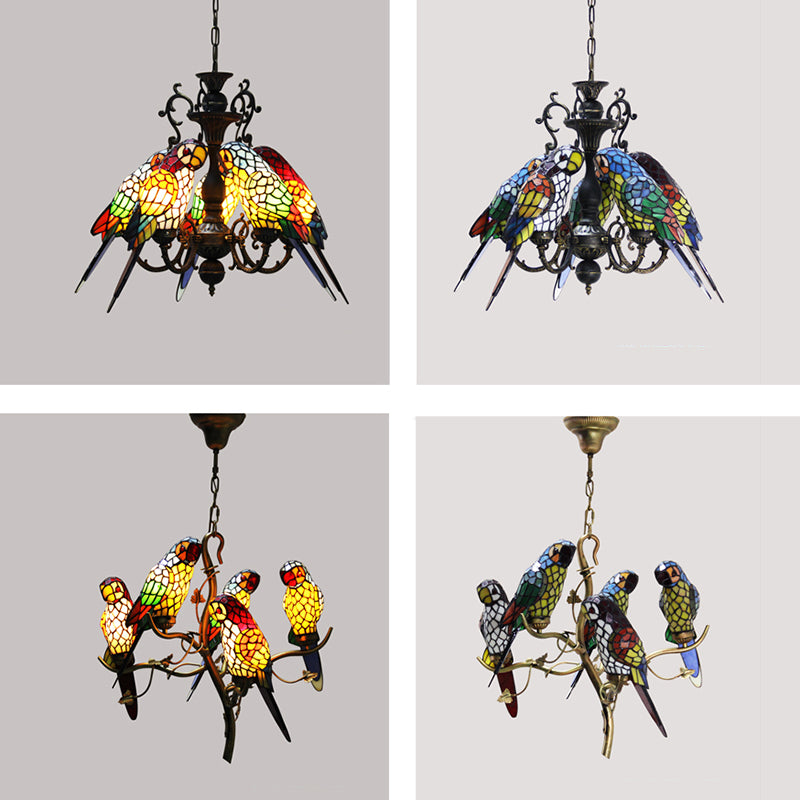 Wrought Iron Pendant Light in Tiffany Artistic Style Parrot Glass Ceiling Light for Corridor