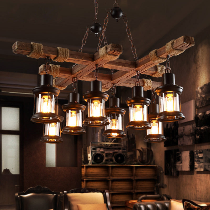 Retro Industrial Style Cylinder Chandelier Wood Pendant Ceiling Lights for Restaurant