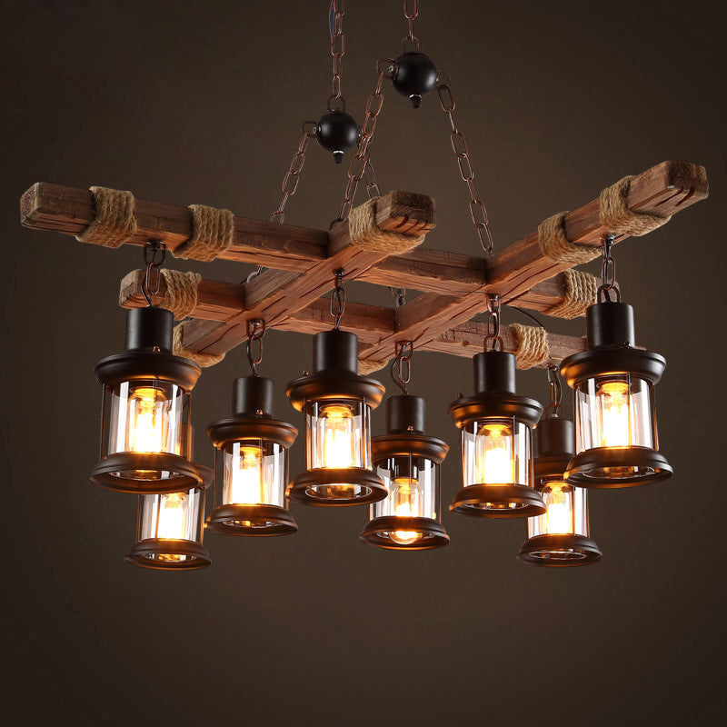 Retro Industrial Style Cylinder Chandelier Wood Pendant Ceiling Lights for Restaurant