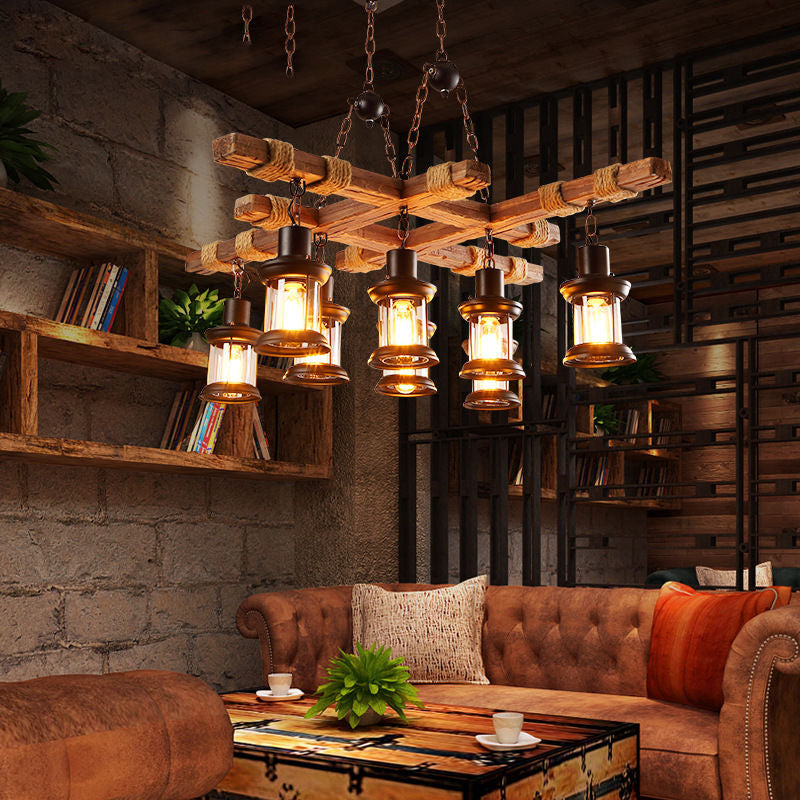 Retro Industrial Style Cylinder Chandelier Wood Pendant Ceiling Lights for Restaurant