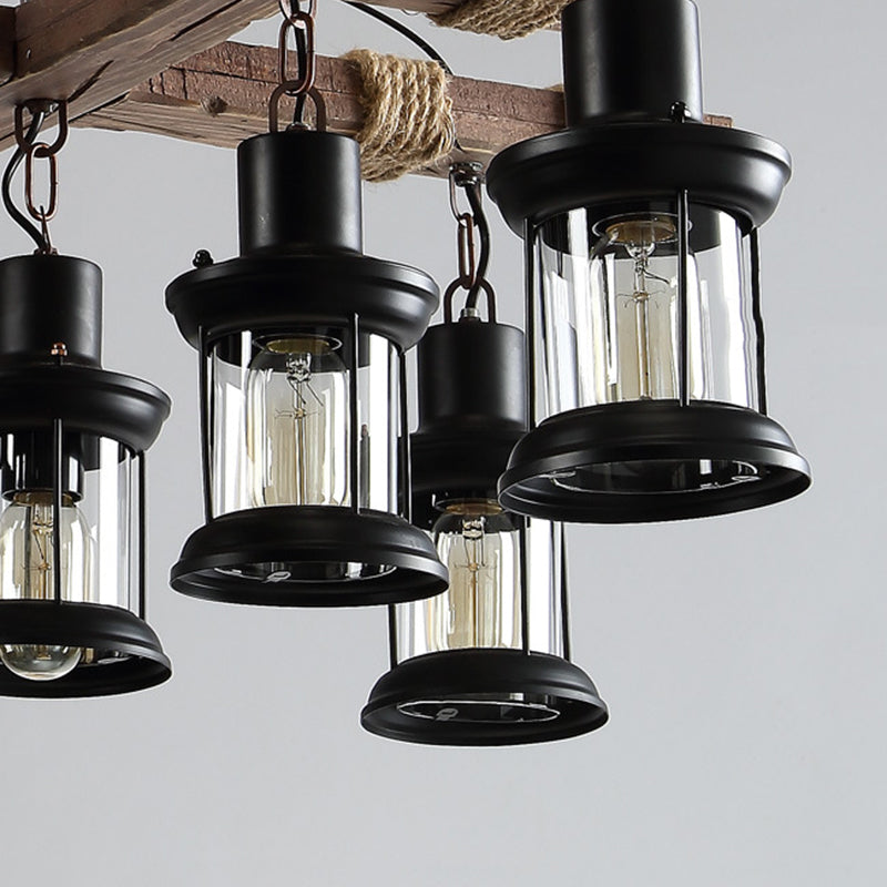 Retro Industrial Style Cylinder Chandelier Wood Pendant Ceiling Lights for Restaurant