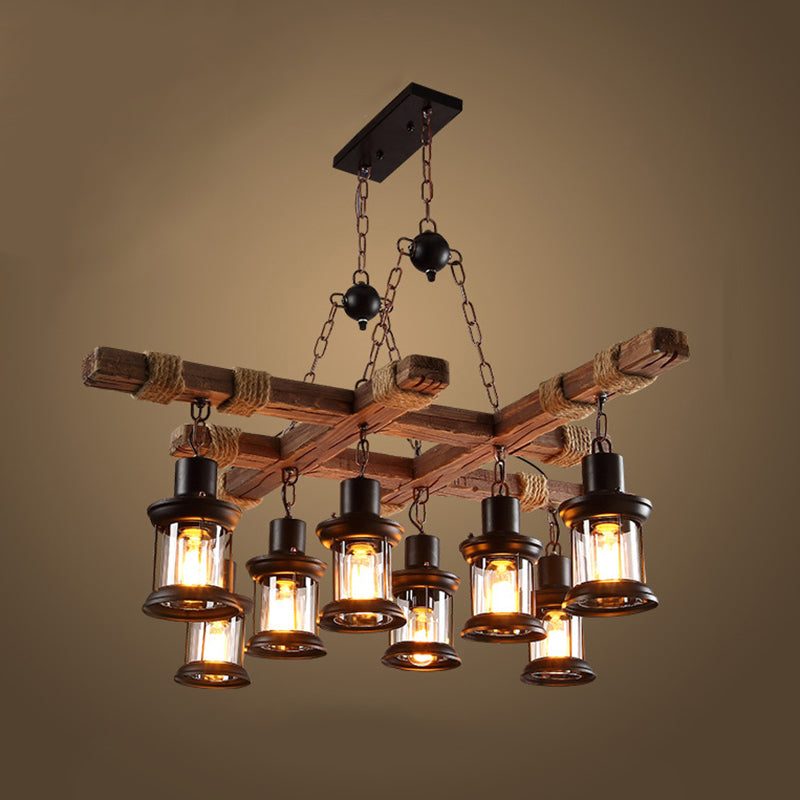 Retro Industrial Style Cylinder Chandelier Wood Pendant Ceiling Lights for Restaurant